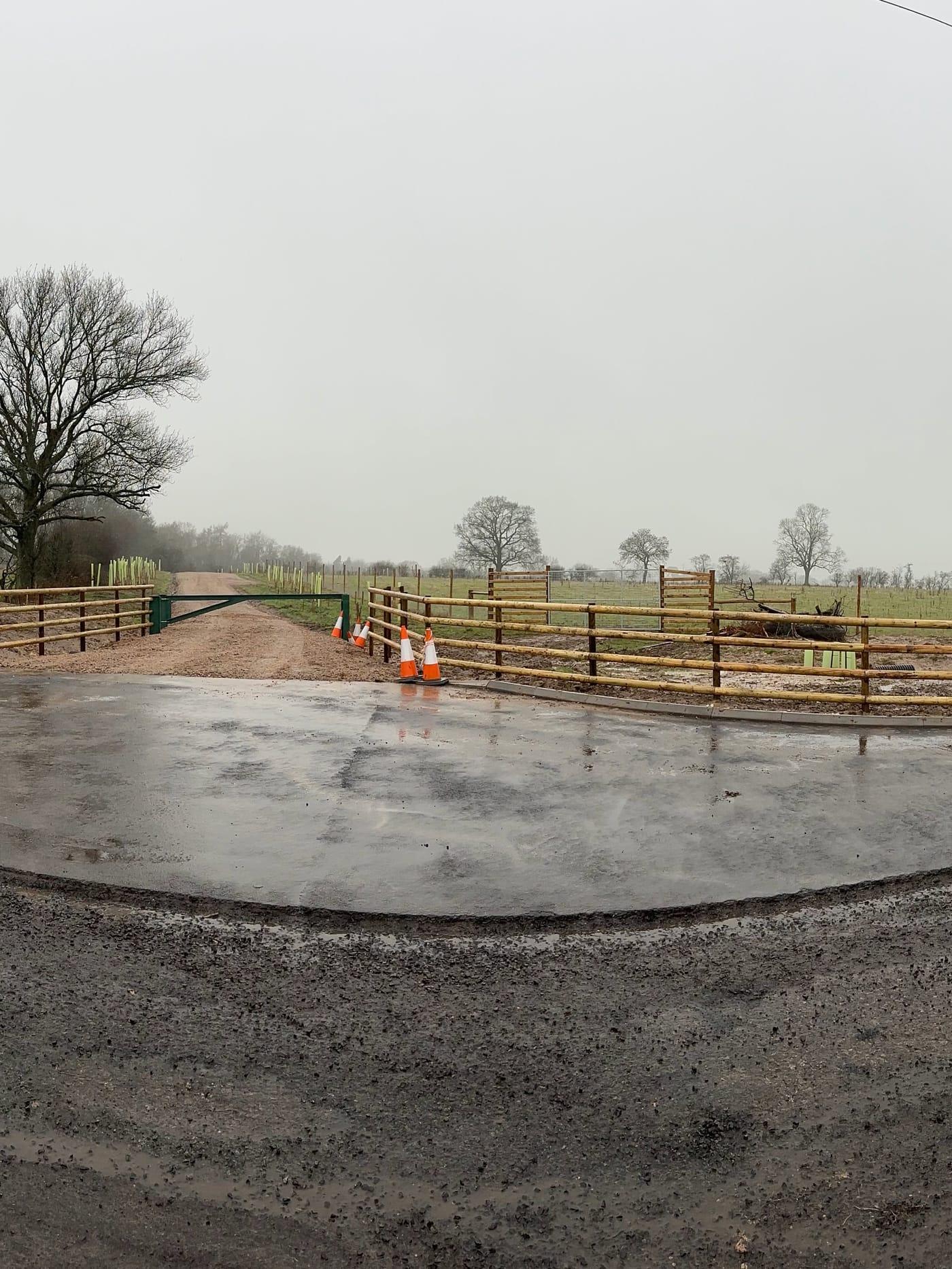 Newly planted trees in protective guards behind a new fenced boundary