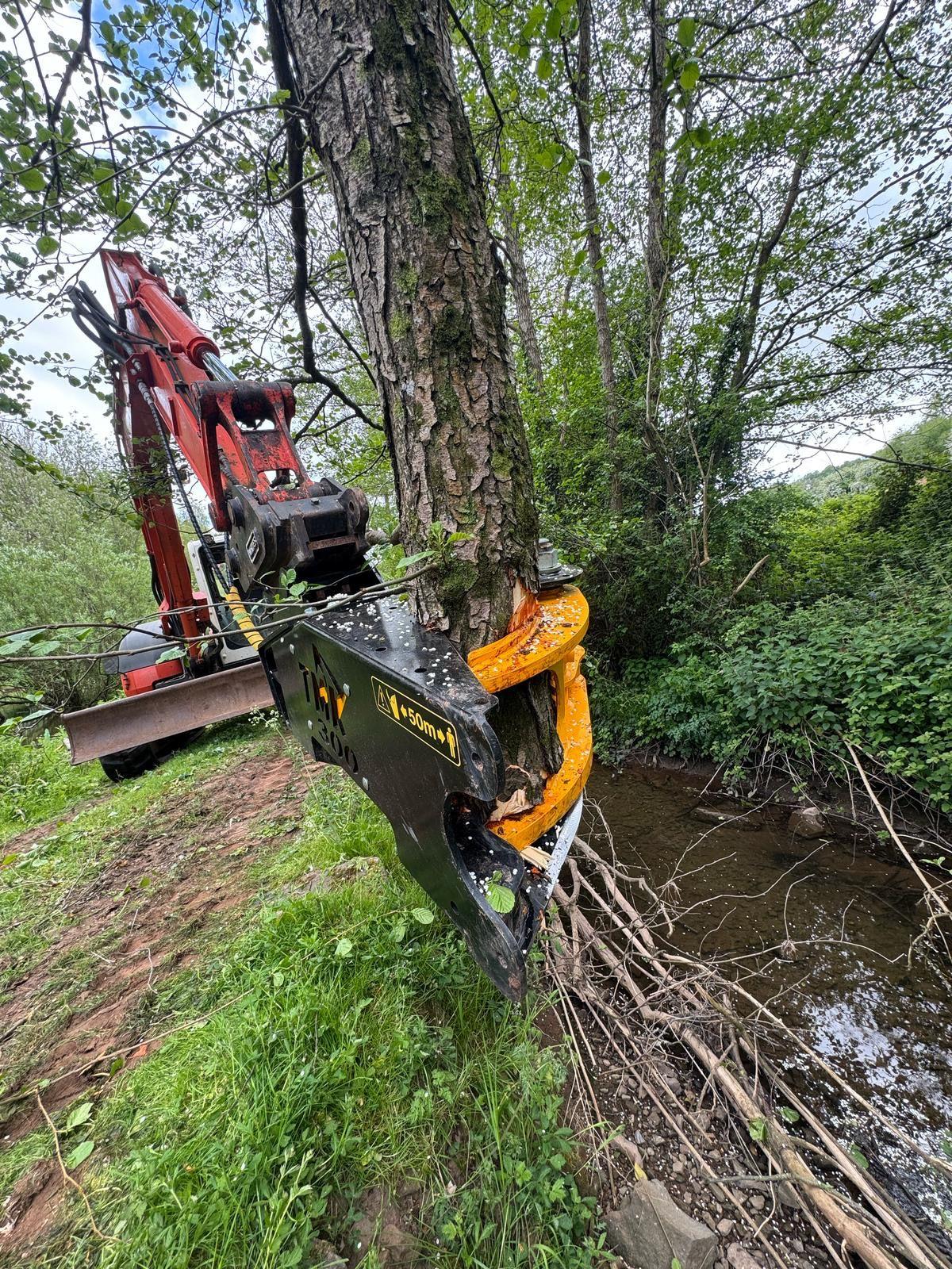An excavator-mounted grapple saw holding a tree trunk over a stream bank during felling