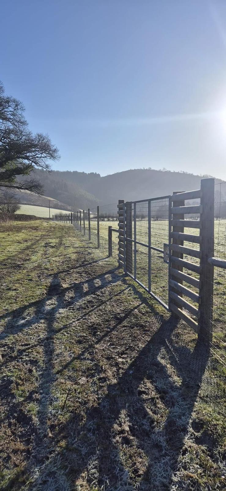 Tall deer fencing with a galvanised gate running across frosted pasture, wooded hills beyond