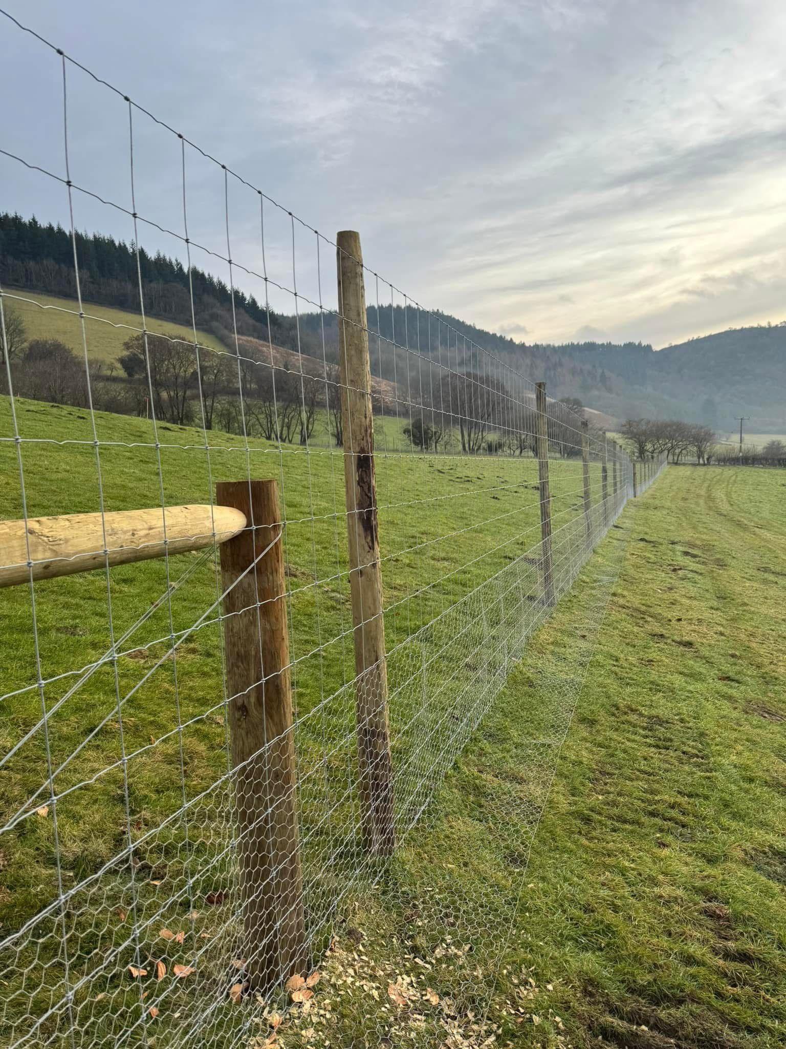 New stock fencing on timber posts running along a valley pasture with wooded hills beyond